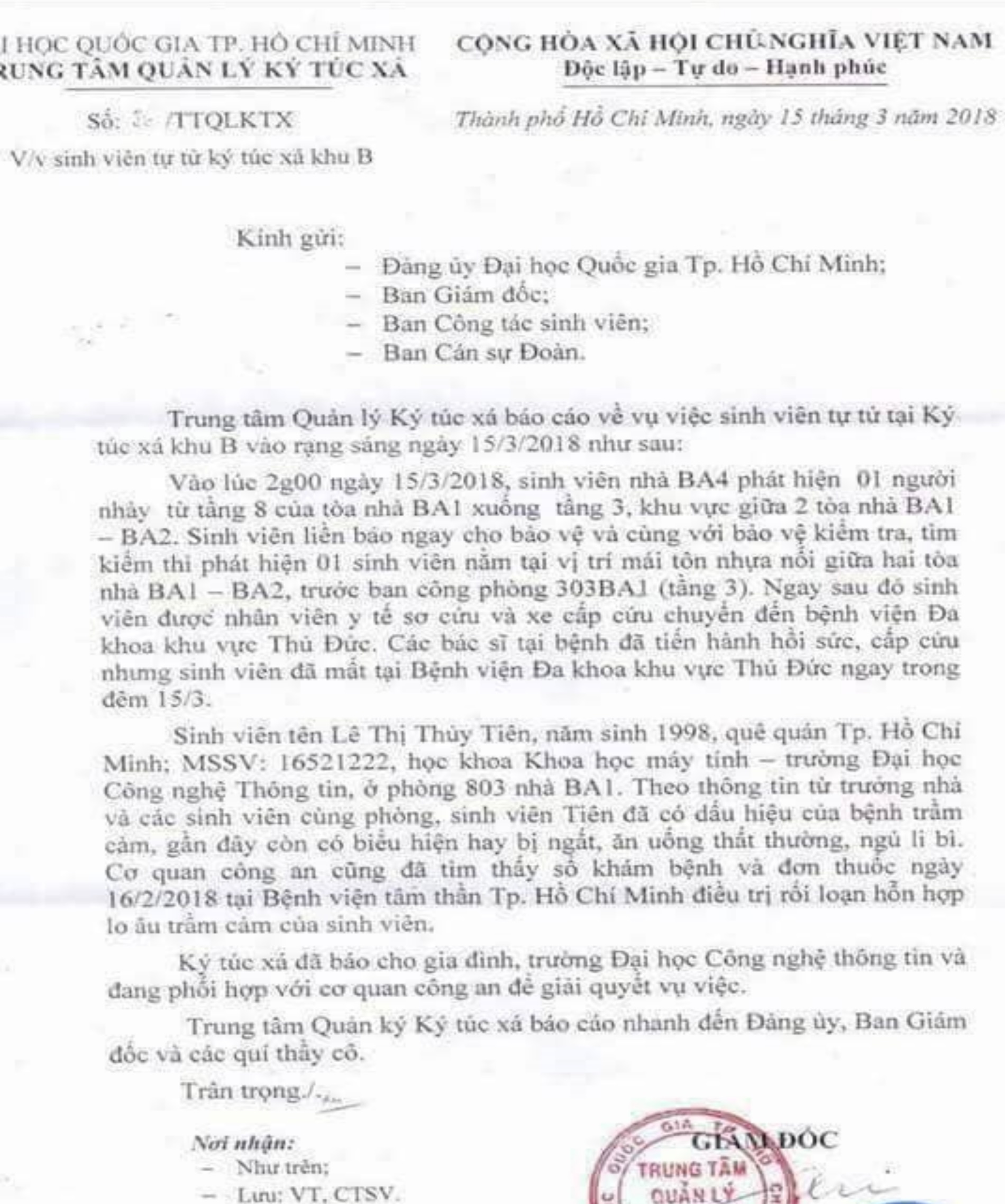 Tin nhanh - TP.HCM: Nữ sinh 9X rơi từ tầng 8 xuống tầng 3 ký túc xá (Hình 2).