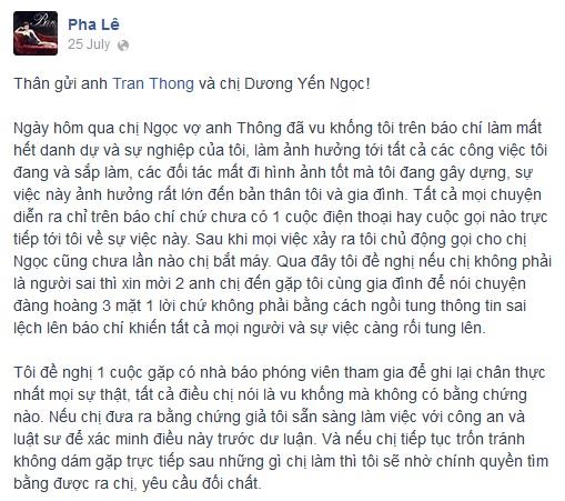Pha Lê dọa kiện vợ chồng Dương Yến Ngọc Pha Lê dọa kiện vợ chồng Dương Yến Ngọc