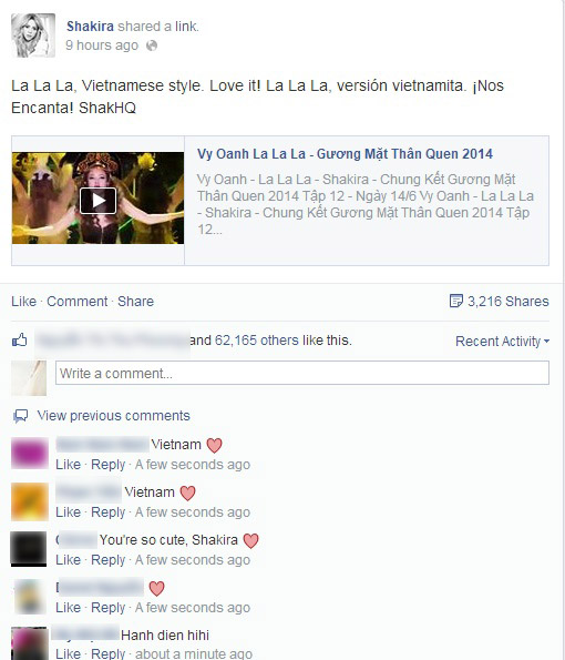 Sakira phấn khích hình ảnh Vy Oanh tại 