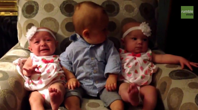 Clip: Hài hước cậu bé 2 tuổi nghệt mặt nhìn hai em gái sinh đôi