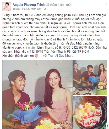 Duy Nhân bị ung thư vòm họng: Angela Phương Trinh tặng 100 triệu Duy Nhân bị ung thư vòm họng: Angela Phương Trinh tặng 100 triệu