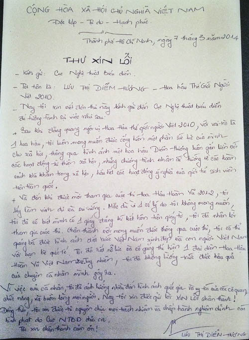 Hoa hậu Diễm Hương công khai thư xin lỗi