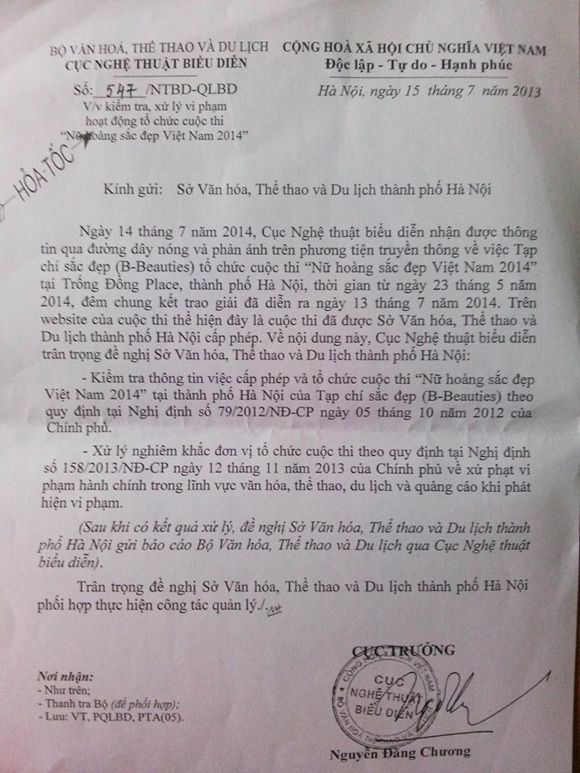 Cục NTBD gửi công văn yêu cầu xử lý cuộc thi Cục NTBD gửi công văn yêu cầu xử lý cuộc thi