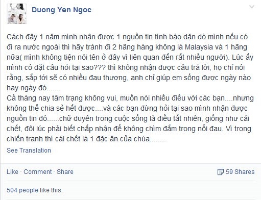 Siêu mẫu Dương Yến Ngọc biết trước có thảm họa MH17 rơi?