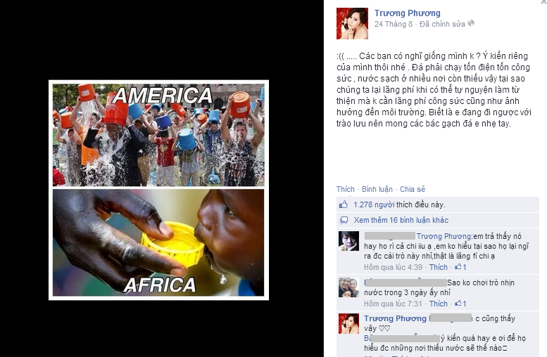 Trương Phương đi ngược với trào lưu dội nước đá Trương Phương đi ngược với trào lưu dội nước đá