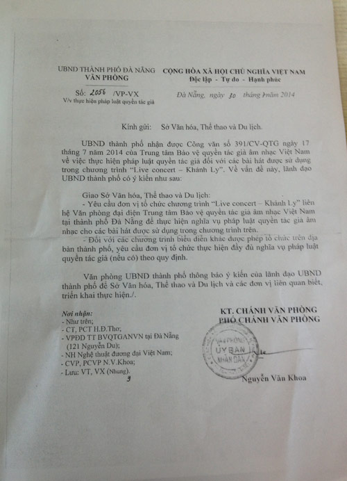 Liveshow Khánh Ly tại Đà Nẵng tiếp tục phải trả tiền tác quyền? Liveshow Khánh Ly tại Đà Nẵng tiếp tục phải trả tiền tác quyền?