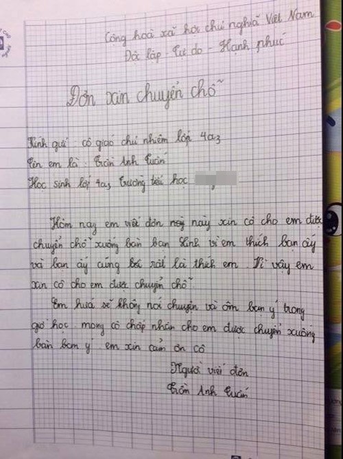 Học sinh lớp 4 viết đơn xin ngồi gần người mình thích Học sinh lớp 4 viết đơn xin ngồi gần người mình thích