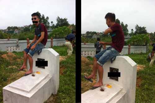 Phản cảm hình ảnh nam thanh niên ngồi lên nóc mộ chụp ảnh