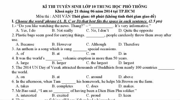 Bài giải gợi ý môn Anh văn thi tuyển sinh lớp 10