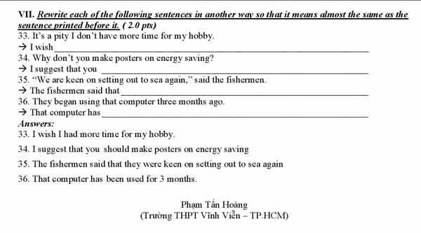Bài giải gợi ý môn Anh văn thi tuyển sinh lớp 10