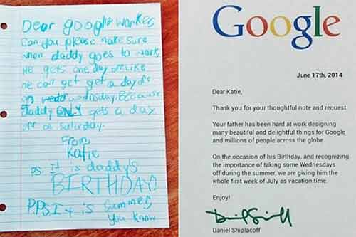 Bé gái đáng yêu gửi thư tới Goolge xin cho bố nghỉ phép Bé gái đáng yêu gửi thư tới Goolge xin cho bố nghỉ phép