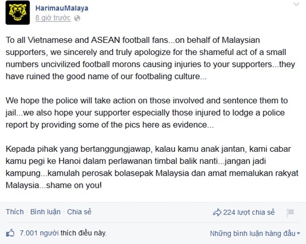 Người hâm mộ Malaysia đăng ảnh xin lỗi CĐV Việt Nam