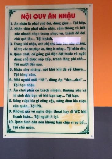 Hài hước nội quy “ăn nhậu” ở nhà hàng Việt Hài hước nội quy “ăn nhậu” ở nhà hàng Việt