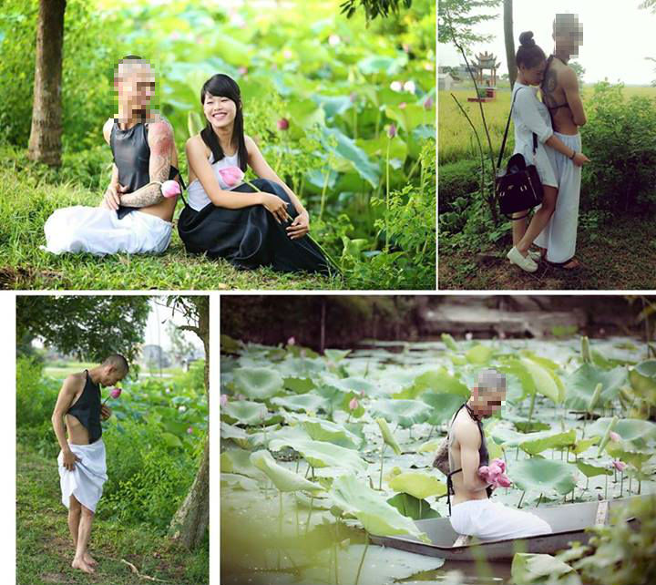 Nam giới mặc yếm e ấp chụp ảnh bên hồ sen gây tranh cãi
