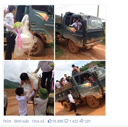 Đường lầy lội, chú rể đỡ cô dâu trên xe tải xuống gây sốt