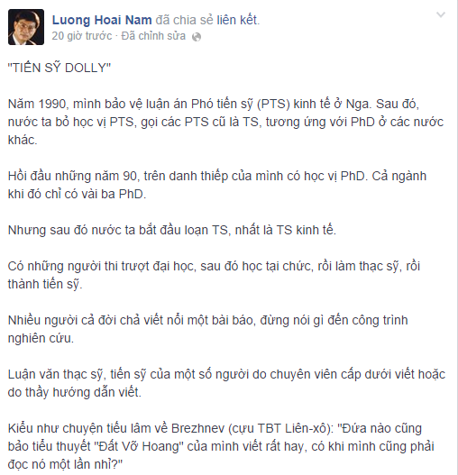 Ông Lương Hoài Nam bỏ chữ “TS” trên danh thiếp
