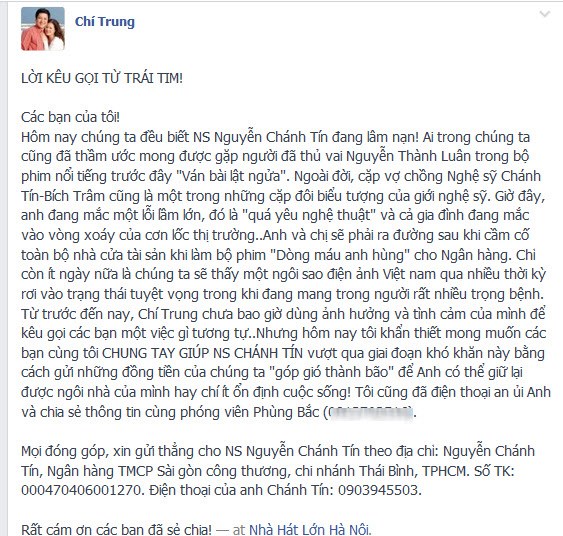 Cảm động lời kêu gọi giúp đỡ NSƯT Cháng Tín của NS Chĩ Trung