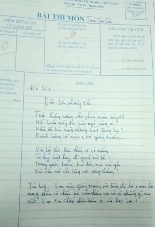 Trả lời đáp án đề Toán cao cấp bằng thơ, chấp nhận học lại Trả lời đáp án đề Toán cao cấp bằng thơ, chấp nhận học lại