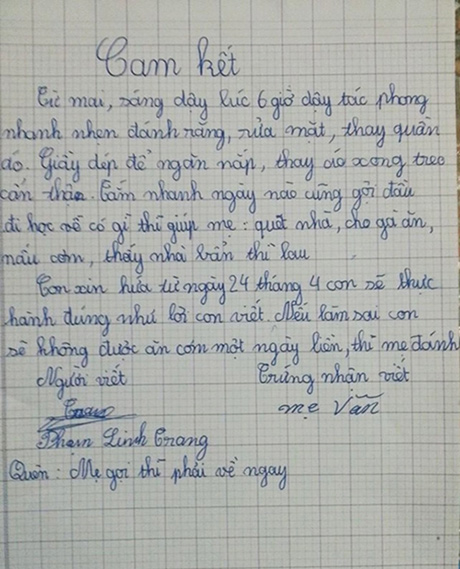 Bản cam kết đáng yêu của bé gửi mẹ gây sốt cộng đồng mạng