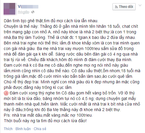 Xôn xao chàng trai: Cưới vợ vì ham giàu bị lừa mất 100 triệu