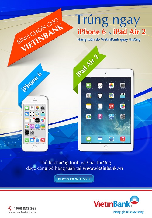 Bình chọn VietinBank để có cơ hội nhận iPhone 6, iPad Air 2