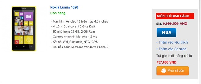 Nhiều đại lý giảm giá Lumia 1020 còn 10 triệu đồng