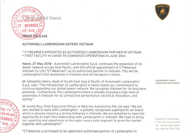 Lamborghini chính thức công bố đại lý tại Việt Nam