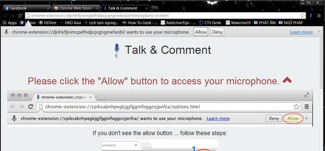 Nhấn Allow để cho phép tiện ích sử dụng microphone của bạn.