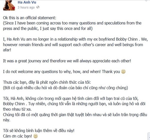 Hà Anh công bố chia tay đầu bếp Bobby Chinn Hà Anh công bố chia tay đầu bếp Bobby Chinn