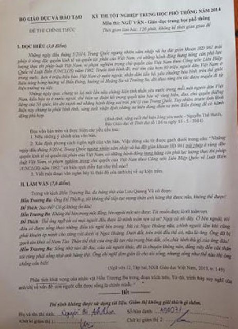 Bài báo Trung Quốc hạ đặt giàn khoan HD 981 vào đề thi môn Văn