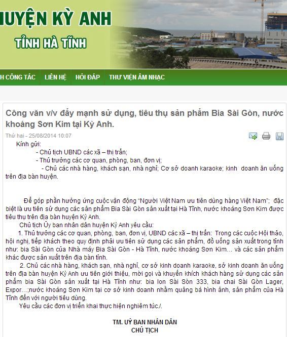 Chủ tịch Huyện yêu cầu uống bia Sài Gòn: Công văn đã bị gỡ bỏ