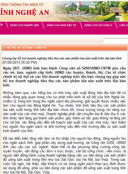 Tỉnh Nghệ An cũng kêu gọi uống bia Sài Gòn Tỉnh Nghệ An cũng kêu gọi uống bia Sài Gòn