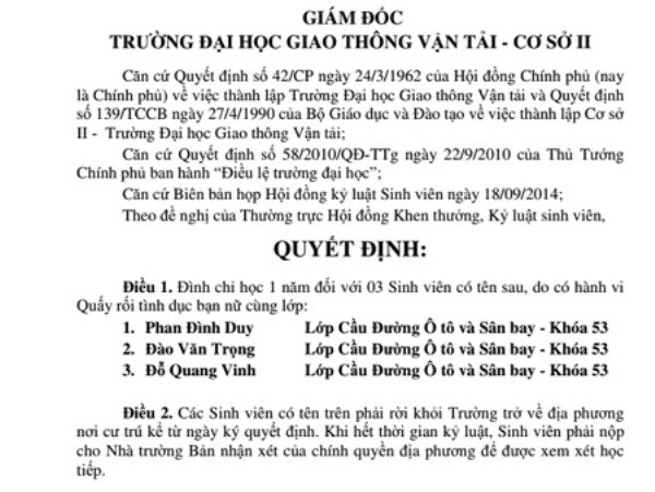 Ba sinh viên bị đình chỉ học vì quấy rối tình dục Ba sinh viên bị đình chỉ học vì quấy rối tình dục