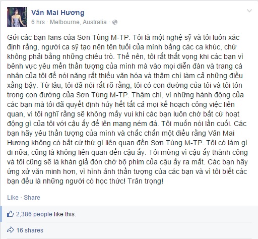 Văn Mai Hương bức xúc với fan Sơn Tùng