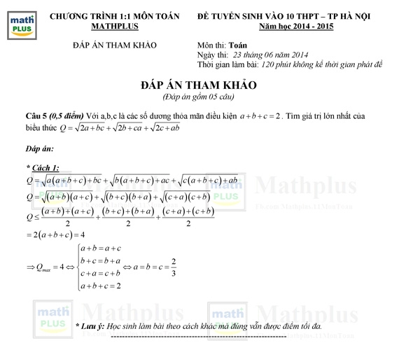 Đáp án đề thi môn Toán tuyển sinh lớp 10 năm 2014 tại Hà Nội