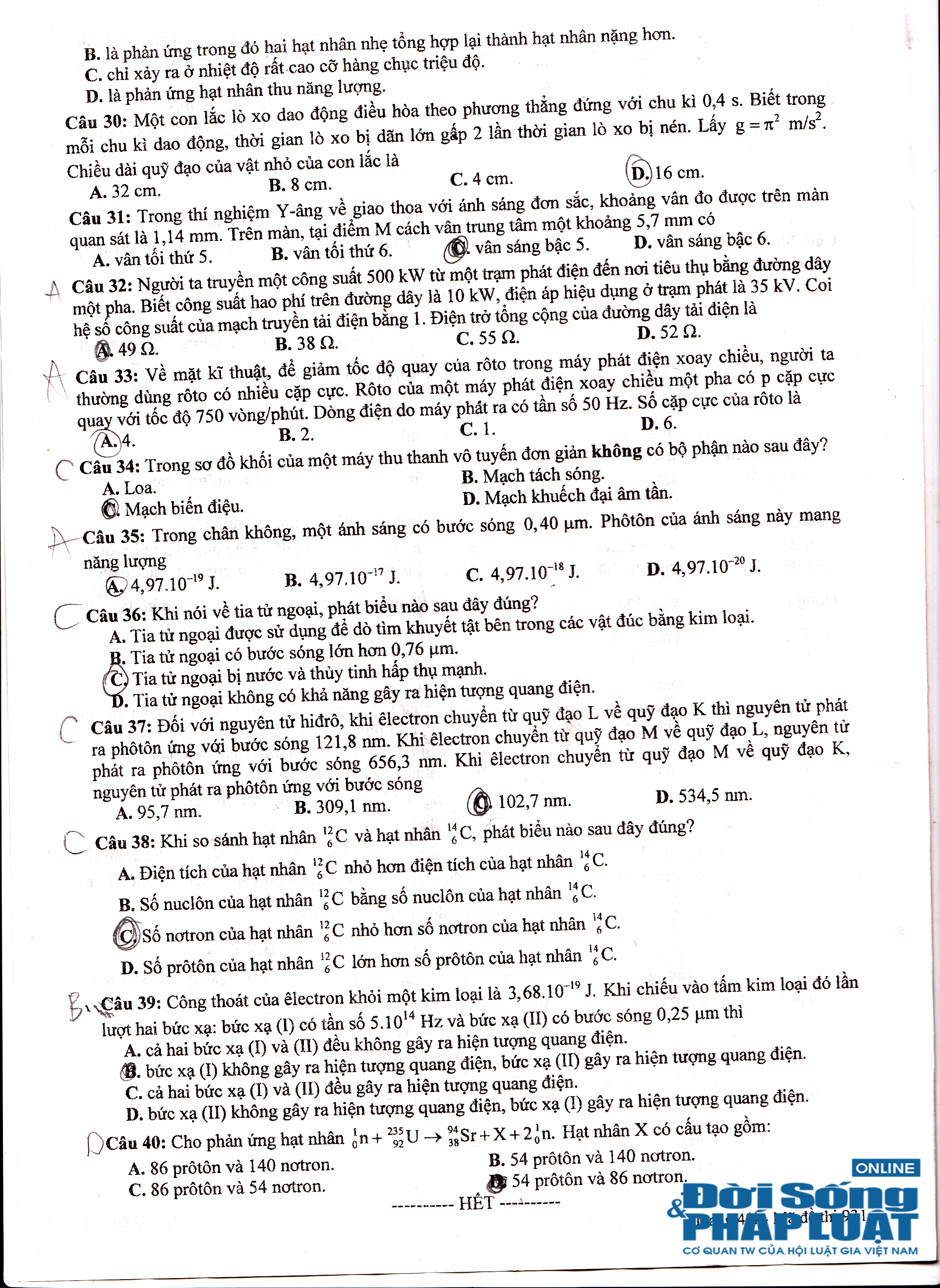 Đề thi tốt nghiệp THPT môn vật lý năm 2014