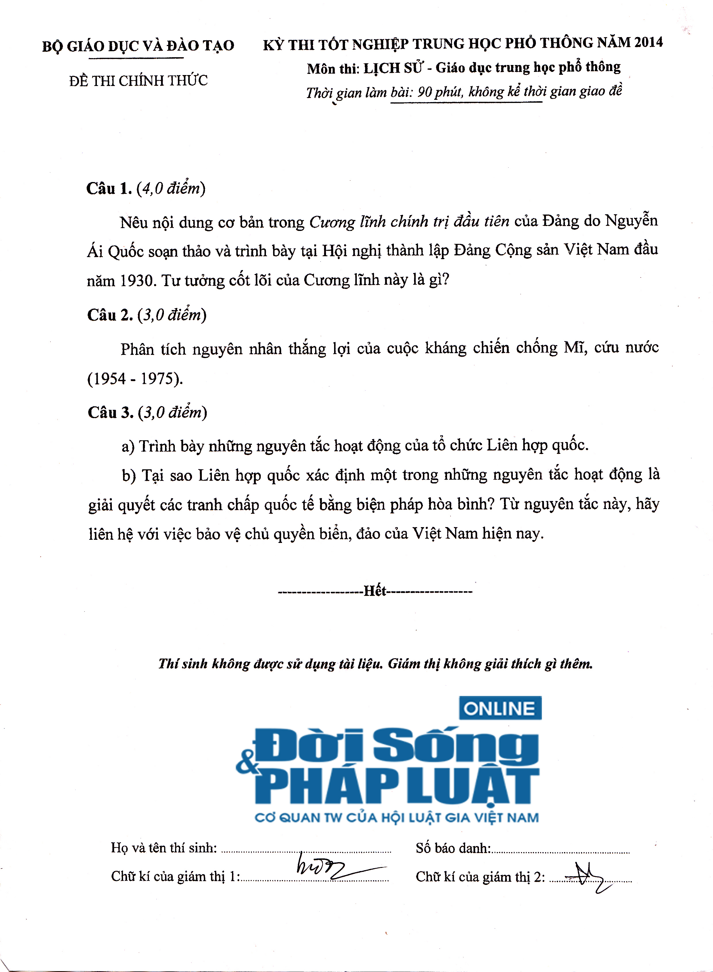 Đề thi tốt nghiệp THPT môn Lịch Sử năm 2014