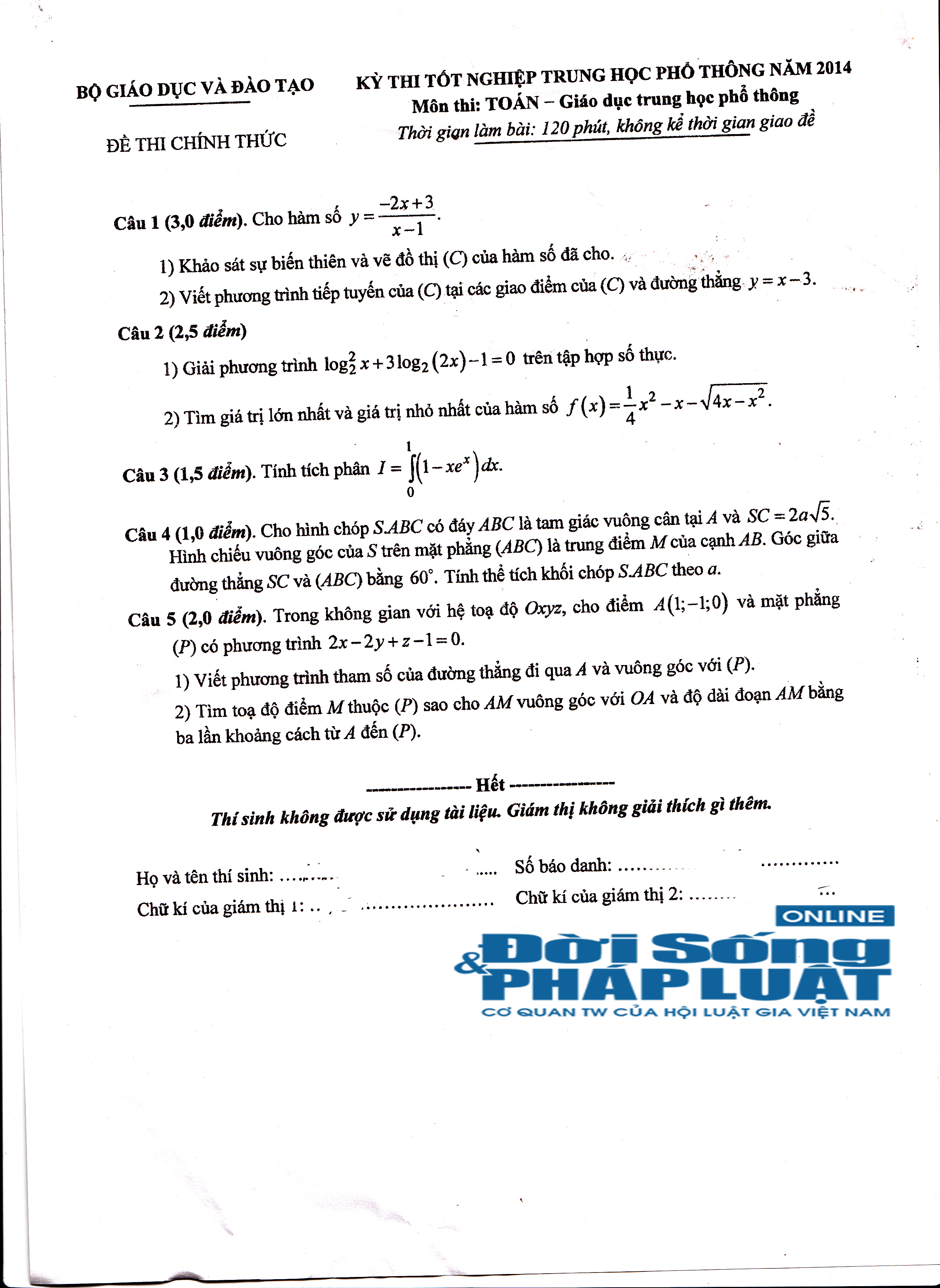 Đề thi tốt nghiệp THPT môn toán năm 2014 