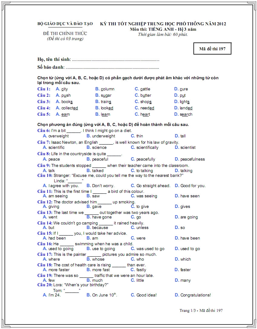 Đề thi tốt nghiệp THPT môn Tiếng Anh  năm 2014