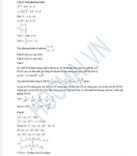 Đáp án đề thi Cao đẳng môn Toán khối A, A1, B, D năm 2014 Đáp án đề thi Cao đẳng môn Toán khối A, A1, B, D năm 2014