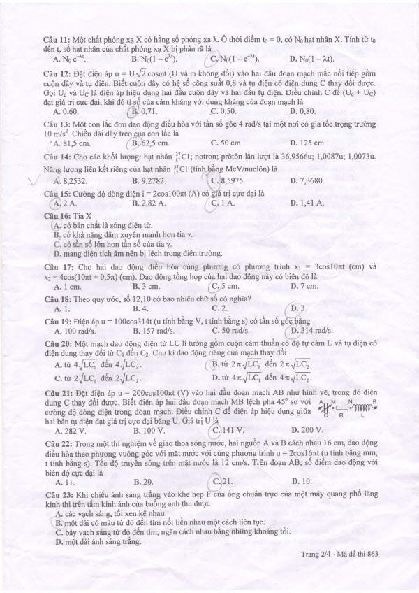Đáp án đề thi Cao đẳng môn Vật lý khối A, A1 năm 2014 Đáp án đề thi Cao đẳng môn Vật lý khối A, A1 năm 2014