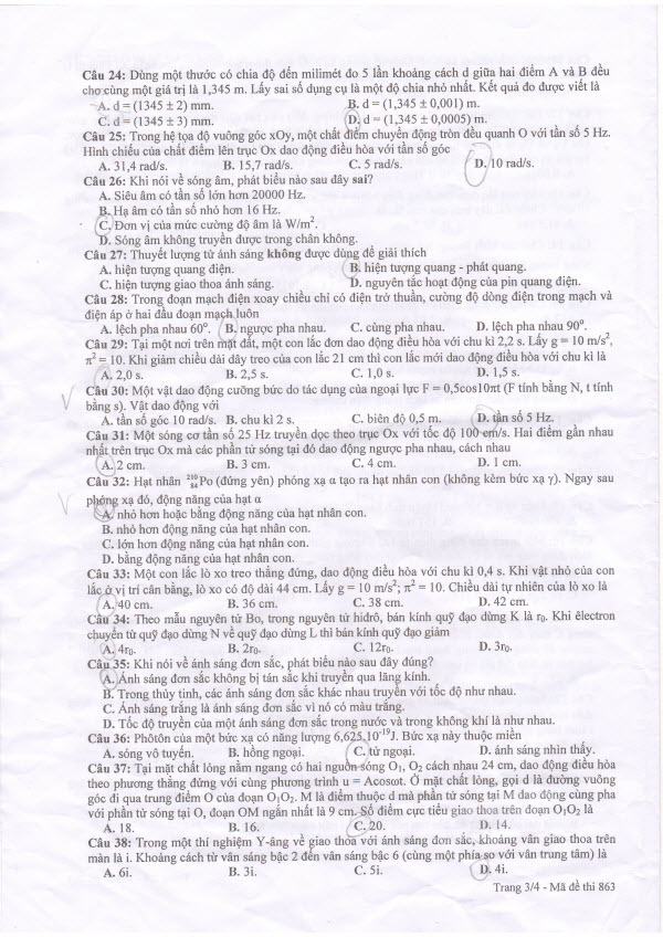 Đáp án đề thi Cao đẳng môn Vật lý khối A, A1 năm 2014 Đáp án đề thi Cao đẳng môn Vật lý khối A, A1 năm 2014