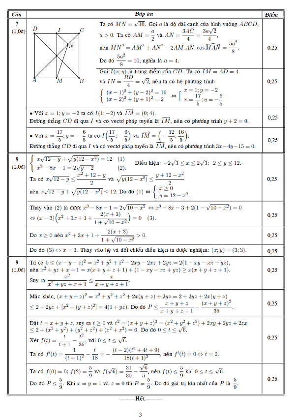 Đáp án chính thức đề thi đại học môn toán khối A, A1 bộ GD&ĐT Đáp án chính thức đề thi đại học môn toán khối A, A1 bộ GD&ĐT