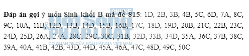 Đáp án đề thi đại học môn Sinh học Mã đề 815 khối B năm 2014