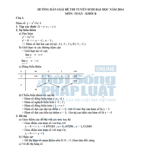 Đáp án đề thi đại học môn Toán khối B năm 2014 Đáp án đề thi đại học môn Toán khối B năm 2014