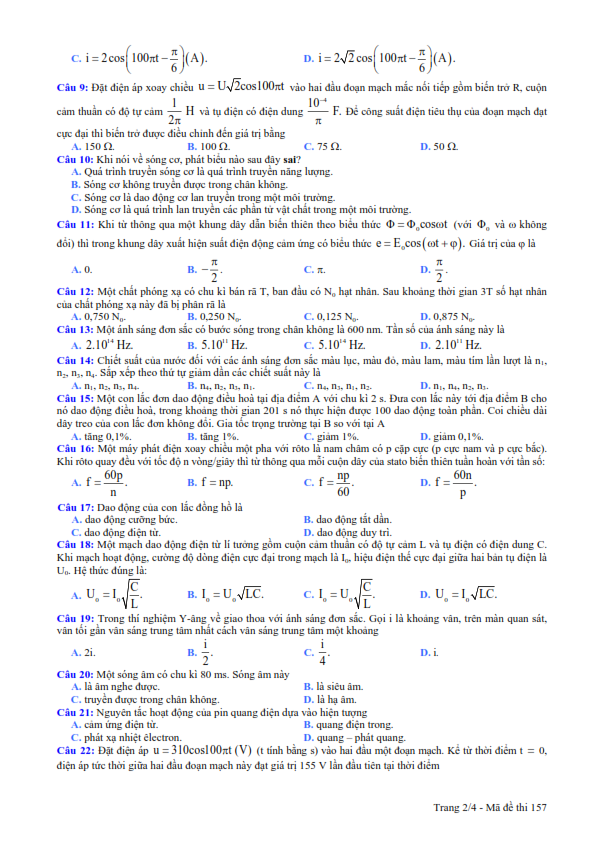 Đề thi tốt nghiệp THPT môn Vật Lý  năm 2014