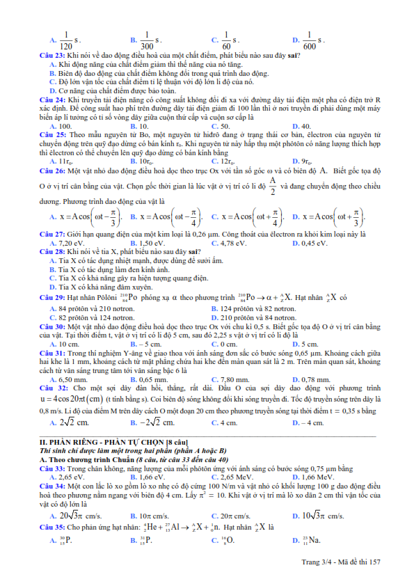 Đề thi tốt nghiệp THPT môn Vật Lý  năm 2014