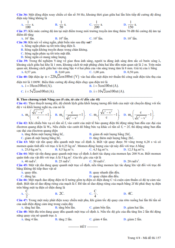 Đề thi tốt nghiệp THPT môn Vật Lý  năm 2014