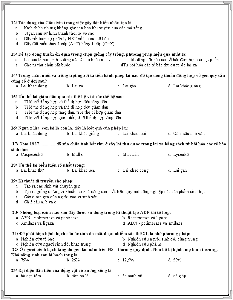 Đề thi tốt nghiệp THPT môn Sinh Học năm 2014