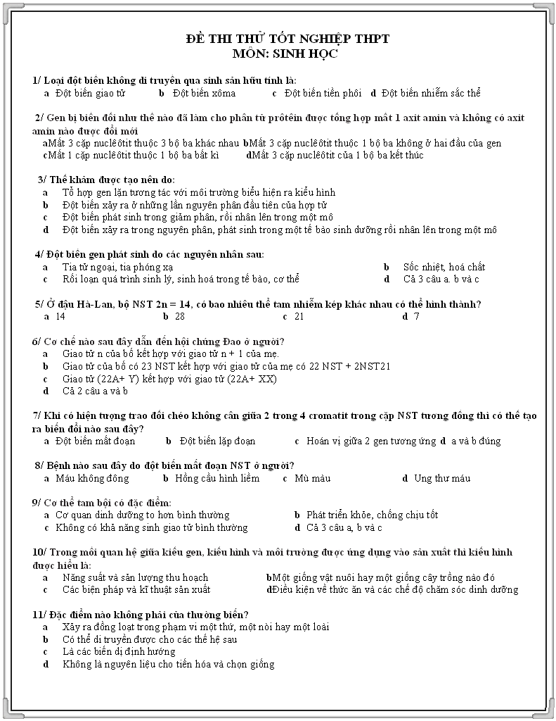 Đề thi tốt nghiệp THPT môn Sinh Học năm 2014